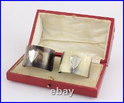 Antique Horn Napkin Rings With Silver Shield Plaque. Boxed