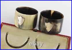 Antique Horn Napkin Rings With Silver Shield Plaque. Boxed
