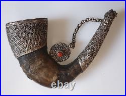 Antique Islamic Ottoman Yemen Silver With Horn Powder Flask