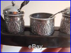 Antique Islamic Silver 36g three piece cruet set with spoons in carved horn boat
