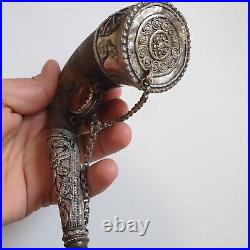 Antique Islamic Yemen Collectible Silver With Horn Powder Flask Agate