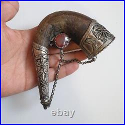 Antique Islamic Yemen Collectible Silver With Horn Powder Flask Agate