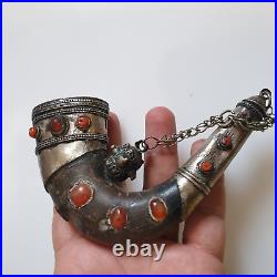Antique Islamic Yemen Collectible Silver With Horn Powder Flask Coral Agate