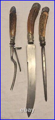 Antique John Round & Son Sheffield Stag Horn & Silver Carving Set with Case