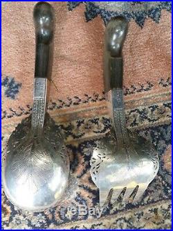 Antique Malaysian Silver & Horn Serving Spoon & Fork With Dragon Lotus Design