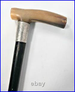 Antique Masonic Lodge Carved Horn Handle Walking Stick with Chester Silver Co