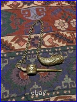 Antique Pewter/Silver Smoking pipe and powder horn holder with chain set