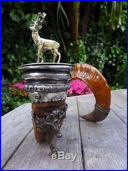 Antique Ram's Horn Snuff Box Made by Walker & Hall Silver Plate with Deer/Stag