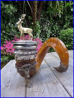 Antique Ram's Horn Snuff Box Made by Walker & Hall Silver Plate with Deer/Stag