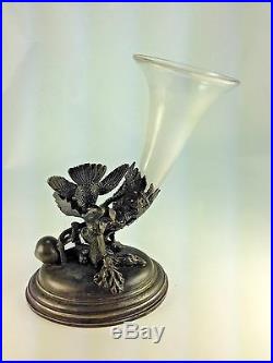Antique Rare SILVER Meridian Co Glass Horn Cornucopia Vase With Bird Figurine