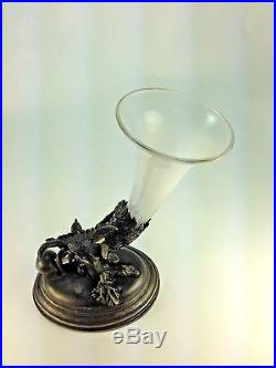 Antique Rare SILVER Meridian Co Glass Horn Cornucopia Vase With Bird Figurine