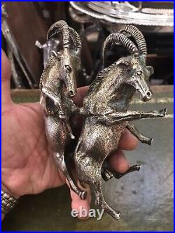Antique Rare pair of solid silver stag or Mountain goat figures with large horns