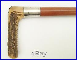 Antique Riding Crop with Stag Horn Handled Wood Shaft and Silver Ferrule