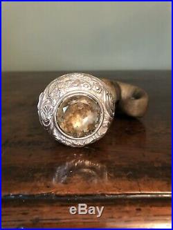Antique Scottish Horn Snuff Mull Box with Silver Lid & Smoked Quartz Stone 19thC