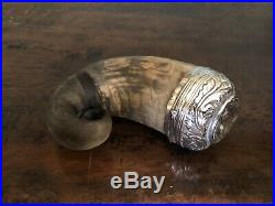 Antique Scottish Horn Snuff Mull Box with Silver Lid & Smoked Quartz Stone 19thC