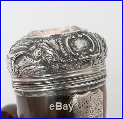 Antique Scottish Rams Horn Snuff Mull Box with Silver Lid & Queen Anne Shilling