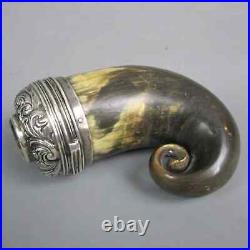 Antique Scottish Sterling Silver & Rams Horn Snuff With Agate inlay