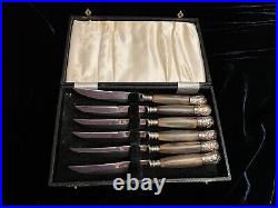 Antique Sheffield English Horn and Silver Steak Knives Set of 6 in Box