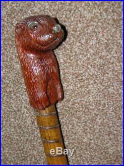 Antique Shoe Horn Gadget/Walking Stick -Carved Otter Handle With Silver Features