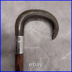 Antique Silver Collared Walking Stick with Horn Crook Handle 90cm