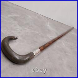 Antique Silver Collared Walking Stick with Horn Crook Handle 90cm