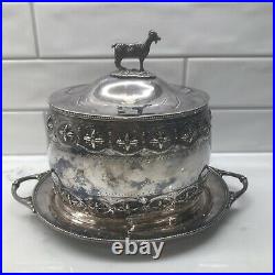Antique Silver Plate Tea Biscuit Barrel with Horned Goat Finial Elk Hallmark