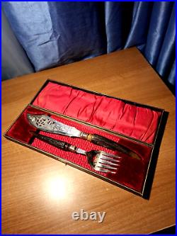 Antique Silver Plated Fish Cutlery Set With Horn Handles In Original Box