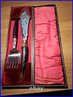 Antique Silver Plated Fish Cutlery Set With Horn Handles In Original Box