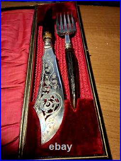 Antique Silver Plated Fish Cutlery Set With Horn Handles In Original Box