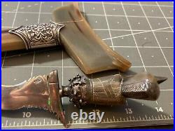 Antique Sterling Silver Keris Kris Blade with Carved Horn and Silver Sheath