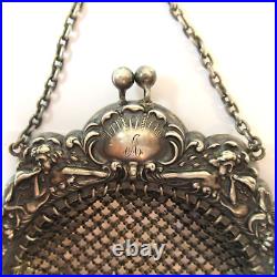 Antique Sterling Silver Purse with Engraved Frame with Cherubs Horns Hallmarked