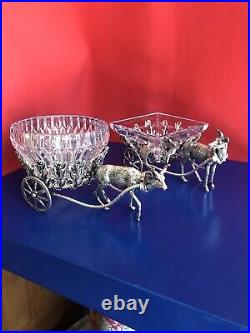 Antique Style Novelty Pr Solid Silver Cart Deer Horns With Czech Crystal Bowl
