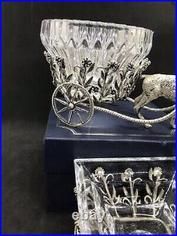 Antique Style Novelty Pr Solid Silver Cart Deer Horns With Czech Crystal Bowl