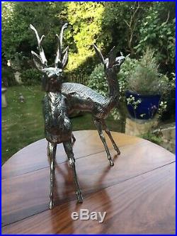 Antique Style Solid Silver Pr Of Deer Stag Figures Statue With Horns Male&female
