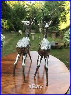 Antique Style Solid Silver Pr Of Deer Stag Figures Statue With Horns Male&female