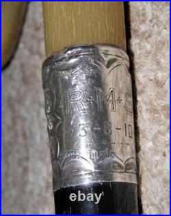 Antique Sunday Golf Bovine Horn Walking Stick/Cane -Hallmarked Silver 1908