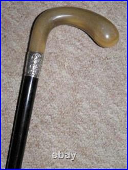 Antique Sunday Golf Bovine Horn Walking Stick/Cane -Hallmarked Silver 1908