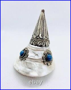 Antique Tibetan Silver inlay Shell Buddha Conch Horn With StonesXX Century