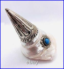 Antique Tibetan Silver inlay Shell Buddha Conch Horn With StonesXX Century