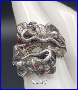 Antique Two Head Dragon with Horns Silver Ring Very Heavy Size 8.5