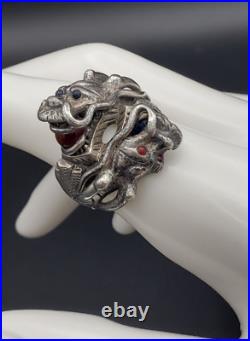 Antique Two Head Dragon with Horns Silver Ring Very Heavy Size 8.5