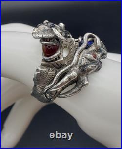 Antique Two Head Dragon with Horns Silver Ring Very Heavy Size 8.5