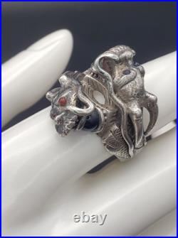 Antique Two Head Dragon with Horns Silver Ring Very Heavy Size 8.5