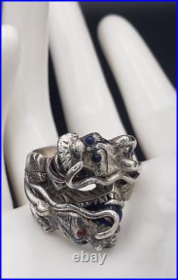 Antique Two Head Dragon with Horns Silver Ring Very Heavy Size 8.5