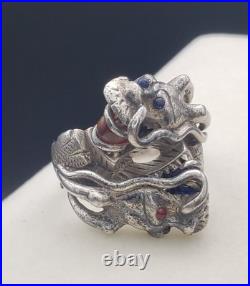 Antique Two Head Dragon with Horns Silver Ring Very Heavy Size 8.5