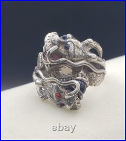 Antique Two Head Dragon with Horns Silver Ring Very Heavy Size 8.5