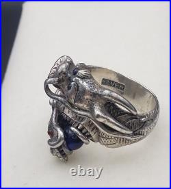 Antique Two Head Dragon with Horns Silver Ring Very Heavy Size 8.5