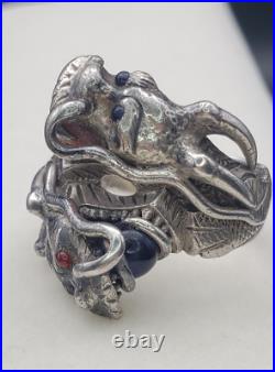 Antique Two Head Dragon with Horns Silver Ring Very Heavy Size 8.5