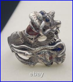 Antique Two Head Dragon with Horns Silver Ring Very Heavy Size 8.5