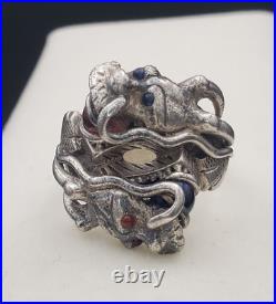 Antique Two Head Dragon with Horns Silver Ring Very Heavy Size 8.5